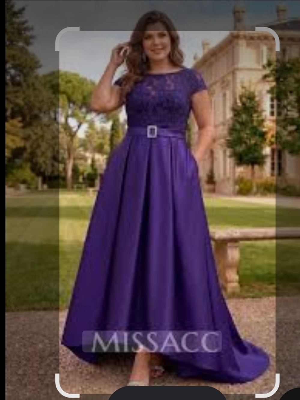 Elegant Purple Lace & Satin Evening Dress with Rhinestone Belt - Picture 2 of 8
